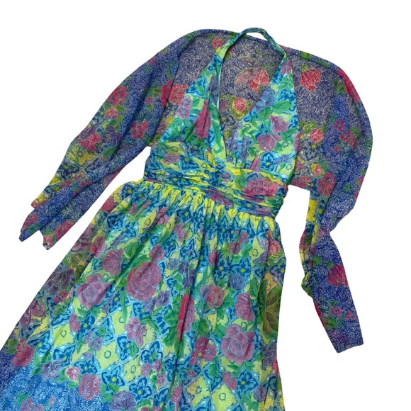 Vintage 60s Floral Halter Maxi Dress Long Sleeve Sheer Summer Party Gown XXS - Picture 1 of 6